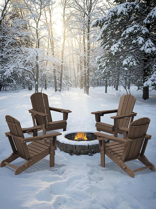 KINGYES Folding Adirondack Chair Set of 2, Dual Cup Holders & All-Weather HDPE, Wood-Like Patio Chair for Backyard, Camping, Pool & Fire Pit, Coffee