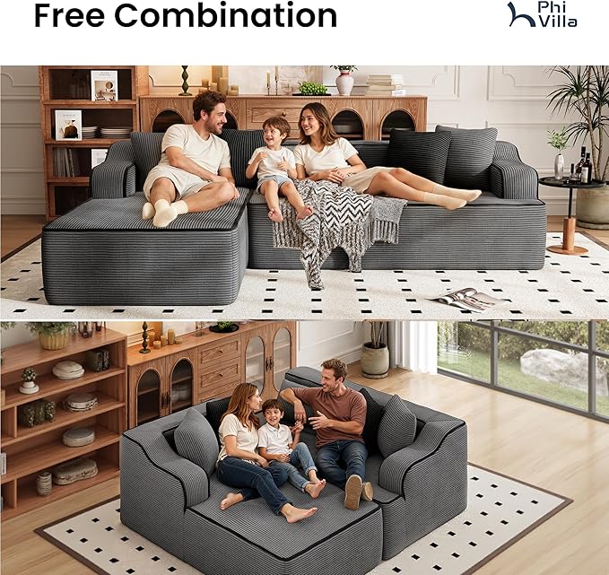 PHI VILLA 104" Cloud Sectional Sofa, Modern L-Shaped Couch with Deep Seat, Compressed Couches for Apartment Living Room, No Assembly Required, Corduroy, Grey