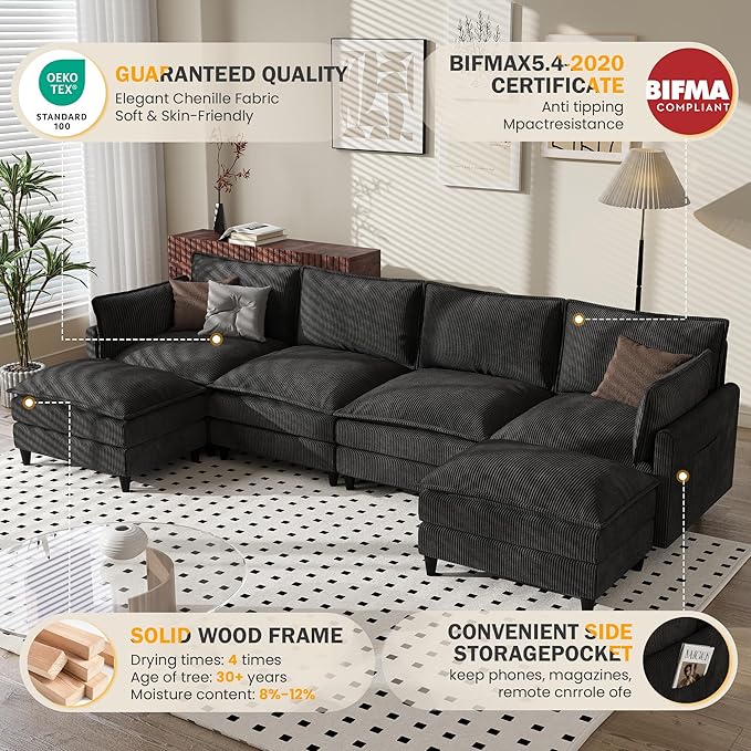 Apicizon 143" Cloud Sofa Sectional, 4-Seat Deep Couch with Ottoman, Modern U Shape Sectional Cloud Sofa Corduroy for Living Room, Apartment, Office, Black