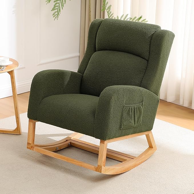 HCHAIRH Rocking Chair Nursery, Nursing Rocking Chairs for Mom Nursery, Comfy Wingback Teddy Glider Rocking Armchair with Foot Rest and Side Pocket for Nursery Living Room Bedroom, Green