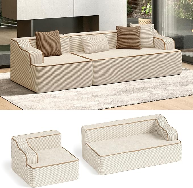 HERA'S HOUSE 105" Cloud Sectional Couch, Modular Upholstered Sofa with Wide Armrest, Corduroy Boneless Couches with 4 Throw Pillows for Living Room, No Assembly Required, Beige