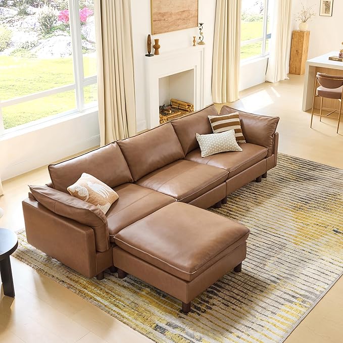 CHITA 127" Super Large Sectional Couches for Living Room, Modular Cloud Couch Sectional Sofa, Premium Genuine Leather Sofa, Down Filled, High Density Foam, Real Leather in Saddle, 4 Seat L Shaped