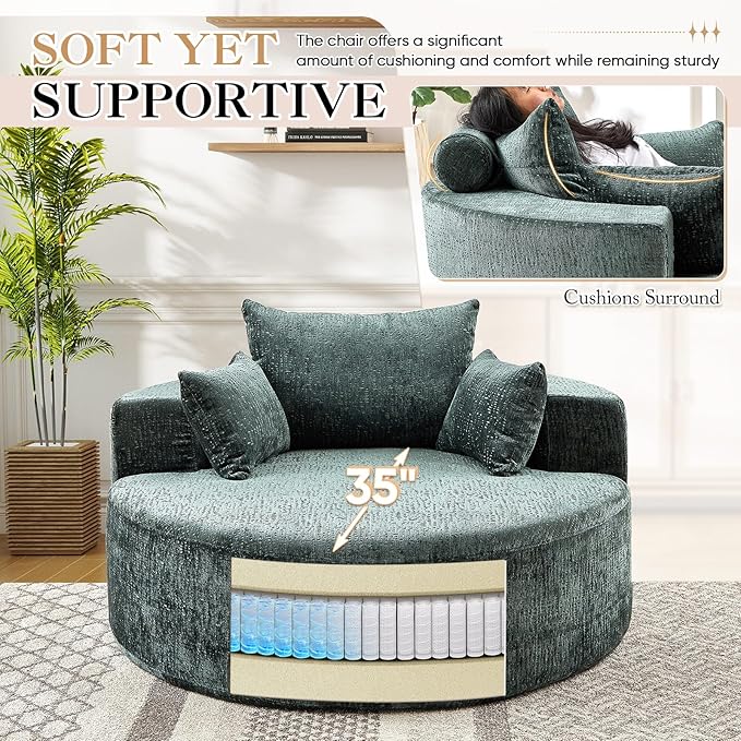 JEEOHEY Modern Round Accent Sofa Chair for Living Room, Upholstered Chenille Barrel Lounge Arm Chair with Large seat&Throw Pillows for Bedroom, Office, Apartment, Green