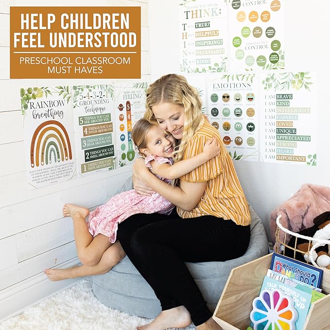 Hadley Designs 8 Calming Corner Posters for Classroom Must Haves for Teachers - 11x17 Calm Down Corner Supplies, Feelings Chart for Kids Ages 4-8, Toddler Emotions Chart, Greenery Classroom Decor