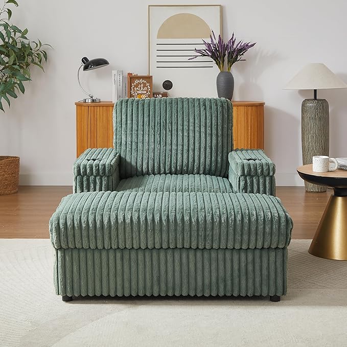 Eafurn 42.5" Oversized Accent Chair with Storage Ottoman Convertible Chaise Lounge, Corduroy Cloud Sofa Chair w/Cupholders, Modern Extra Wide Armchair