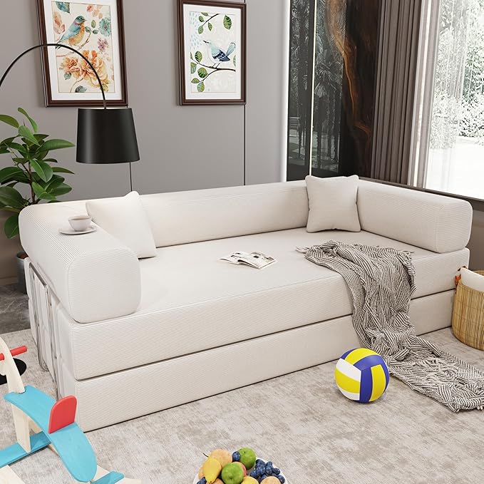 Modern Floor Sofa Bed with Bolster Pillows, Couch Bed,Foldable Sofa bigsize Sofa Convertible Lounger, Beige Corduroy