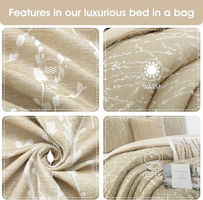 Grand Avenue 6 Piece Cotton Taupe Comforter Set, California King Size Jacquard Bedding Set, All Season Floral Leaves Bedding Set, Matching Pillows, Shams, Bed Skirt