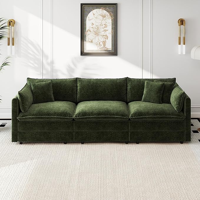 Aoowow Modular Sectional Sofa,112.2 Inch Deep 3-Seater Sofas Comfy Chenille Cloud Sofas and Couches with Pillows for Living Room Apartment（Green）