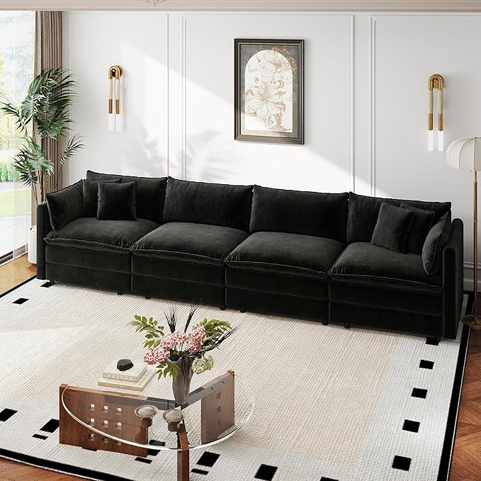Aoowow Modular Sectional Sofa,147.2 Inch Deep 4-Seater Sofas Comfy Chenille Cloud Sofas and Couches with Pillows for Living Room Apartment（Black）