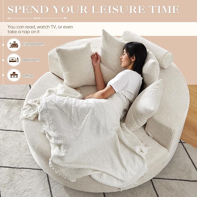 Antetek Oversized Round Chaise Longue Chair Indoor, Modern 55-inch Upholstered Waffle Chenille Deep Seat Circle Single Cloud Lounge Floor Sofa Chair for Living Room, Bedroom Apartment, Beige