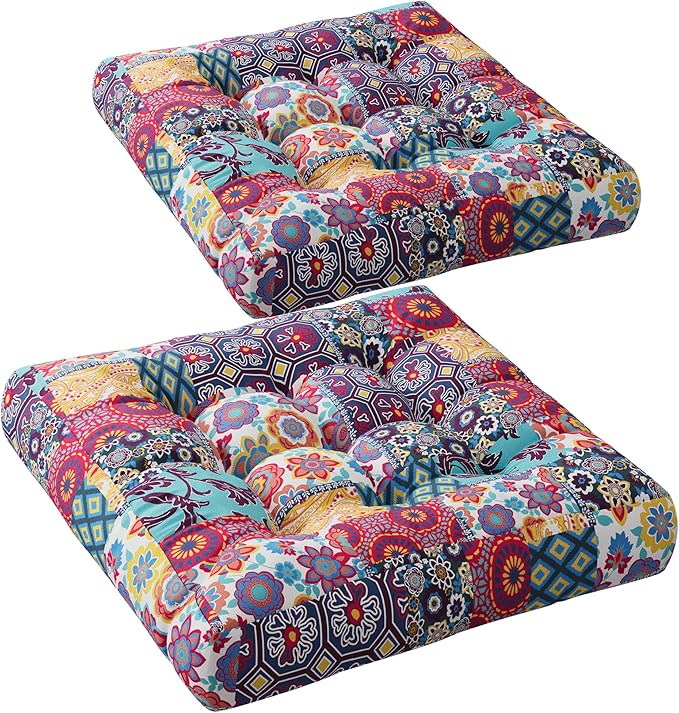 Codi Floor Cushions Seating for Adults and Kids Set of 2, Square Large Boho Pillows for Yoga Living Room Tatami Sitting Home Decor, Memory Foam Added, 22x22 Inch Multi Patchwork
