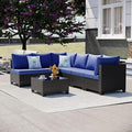 Ophelian 7 Pieces Outdoor Conversation Sectional Rattan Sofa, Patio Furniture Set, with Wicker and Cushions for Garden and Backyard, (Coffee/Deep Blue)