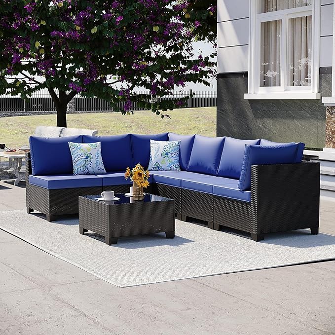Ophelian 7 Pieces Outdoor Conversation Sectional Rattan Sofa, Patio Furniture Set, with Wicker and Cushions for Garden and Backyard, (Coffee/Deep Blue)