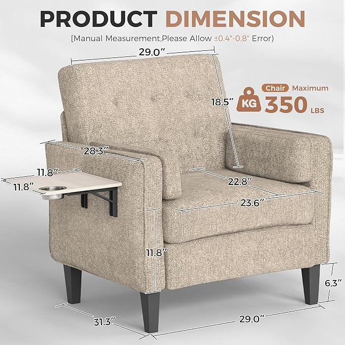 Chenille Accent Chair, Mid Century Modern Arm Chair with Foldable Wooden Side Table & Cup Holder - Comfy Reading Chair for Bedroom,Living Room Chairs,Single Sofa Chair,Beige