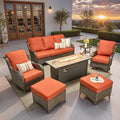 ovios 7 Pieces Patio Furniture Set, Outdoor Wicker Sofa Couch with Swivel Chairs 54" Fire Pit Table, High Back Modern All Weather Conversation Sets, Brown Rattan, Orange Red