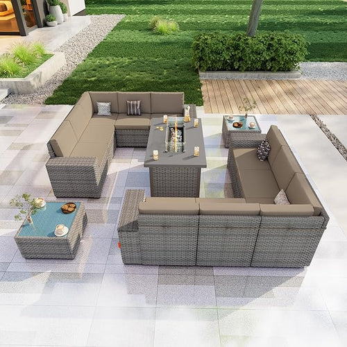 13 Pieces Patio Furniture Set, Outdoor Modular Sectional Couch Conversation Set with Wide Armrests, Wicker Seating Group Sofa with Coffee Table and Fire Pit for Backyard Balcony (Khaki Cushions)