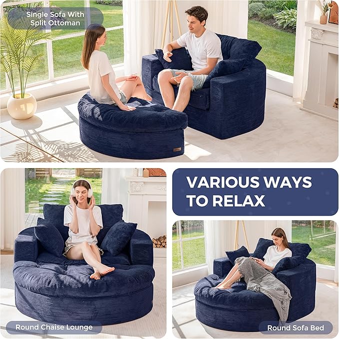 MAXYOYO Modular Sectional Chaise Lounge Sofa, Round Upholstered Lounge Chair with Ottoman, Comfy Couch with Layered Cushion, Tufted Sleeper Chair for Living Room, No Assembly, Navy