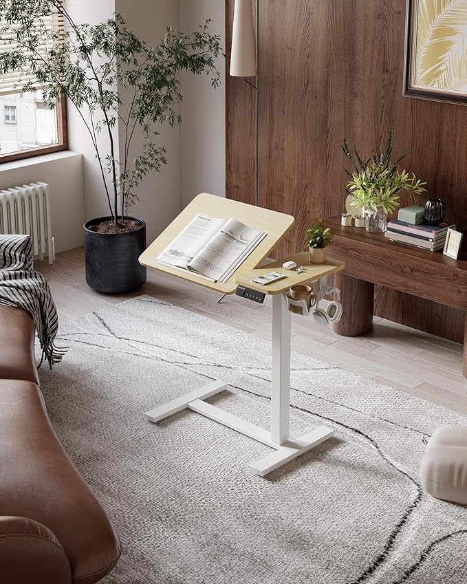 YIHAYO Electric Adjustable Overbed Bedside Table with Wheels, 24 x 16 Inches Mobile Standing Desk, Laptop Desk, Movable Overbed Tables Hospital Home Use, Natural