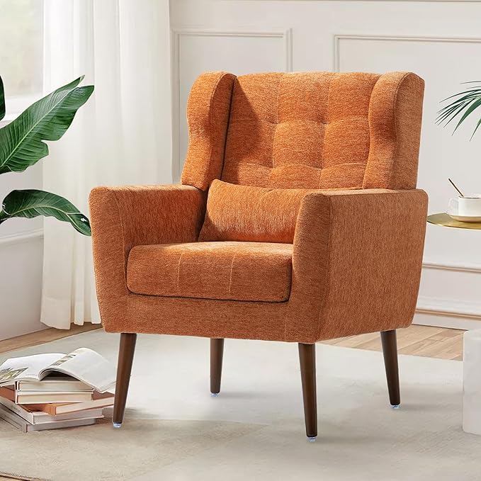 CHSICFOR Modern Accent Chair, Upholstered Arm Chair with Waist Pillow, Single Sofa Chair for Living Room Bedroom Small Spaces (Orange)