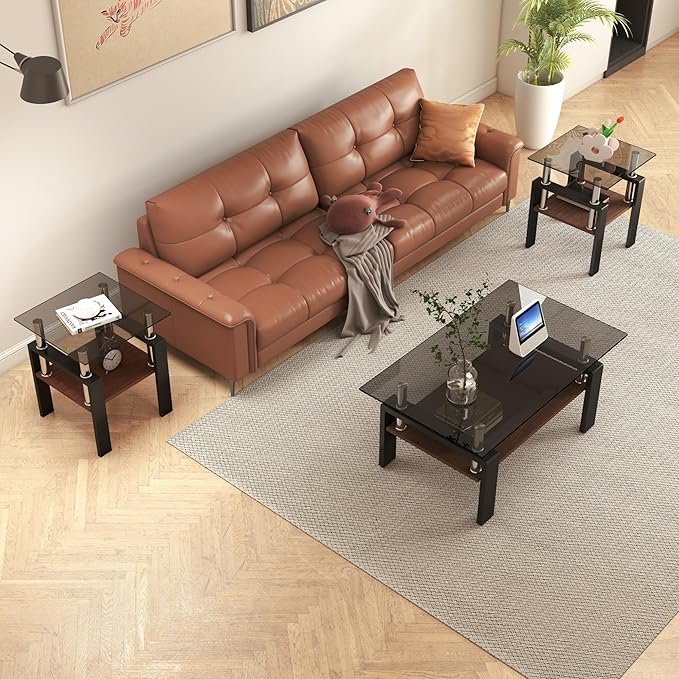 Set of 2 Modern Square Tea Tables, Tempered Glass Coffee and End Tables with MDF Layer for Living Room, Gray/Black