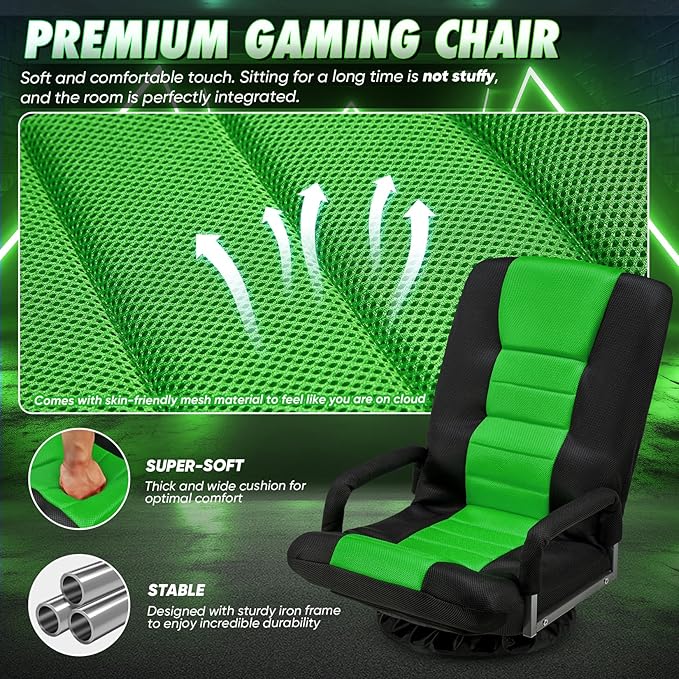 Swivel Gaming Chair 360 Degree Multipurpose Floor Chair w/Armrest & 6 Adjustable Postions Backrest for Adults & Kids, for Reading, Gaming, Watching, Relaxing, Green
