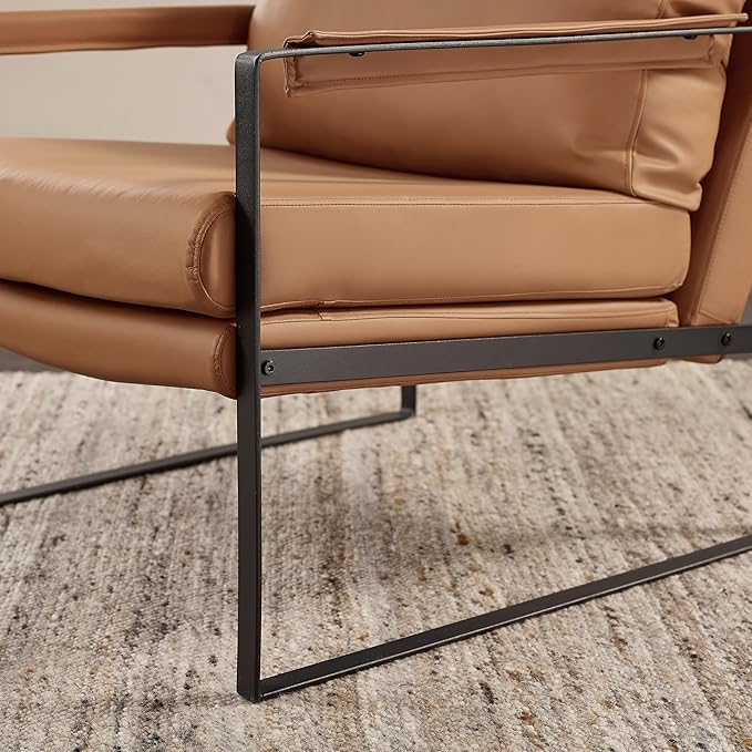 Zouron Genuine Leather Accent Chair, Mid Century Modern Chair with Black Metal Frame, Single Sofa Chair, Upholstered Lounge Reading Armchair for Living Room Bedroom, Khaki