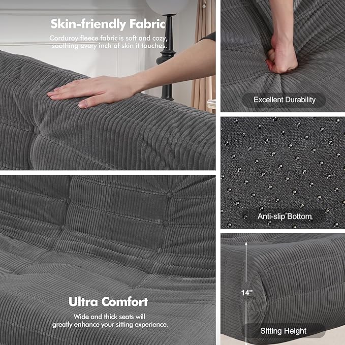 Bean Bag Chair,Giant Beanbag Chairs for Adults,Comfy Large Fireside Chair Lazy Sofa,Corduroy Bean Bag Lounger with Memory Foam Filled,Floor Sofa Couch for Living Room (Dark Grey, Loveseat)