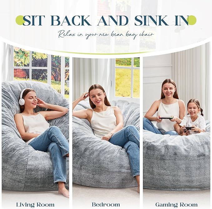 Hobestluk Bean Bag Chairs Giant Beanbag Chair with Filler, Memory Foam Bean Bags with Fluffy & Machine Washable Cover, Bean Bag Chairs for Aduts for Living Room, Bedroom (Grey, 6FT - 70" x 70" x 15")