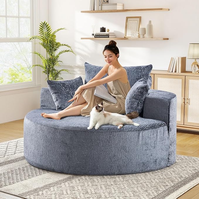 JEEOHEY Modern Round Accent Sofa Chair for Living Room, Upholstered Chenille Barrel Lounge Arm Chair with Large seat&Throw Pillows for Bedroom, Office, Apartment, Grey