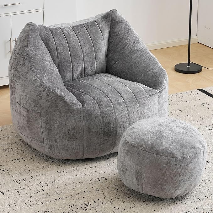 Giant Bean Bag Chair with Ottoman for Adults, Oversized Bean Bag with Filling Plush Fluffy,BeanBag Floor Sofa Chair with with Back Support for Living Room, Bedroom, Reading,Grey