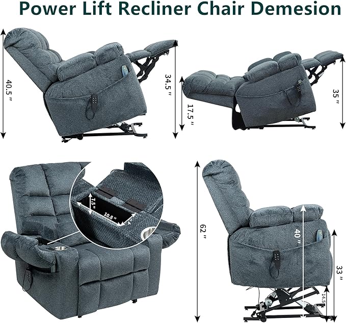 Lift Recliner Chairs with Heat and Massage for Elderly, Zero Gravity, Big Man Recliners 400lbs, Triple Motor, Power Lift Recliner Chair with Storage Cup Holders for Adults, Sleeping, Blue