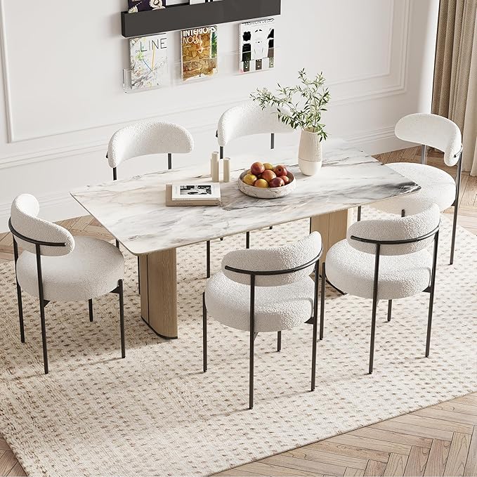 Farini Dining Chairs Set of 4,Mid-Century Modern Kitchen Chair Curved Backrest Round Upholstered Sherpa Dining Chairs with Metal Legs,Beige