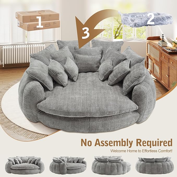 82'' Oversized Upholstered Sofa Bed, Round Chaise Lounge Chair Indoor, Modern Chenille Boneless Couch, No Assembly Required, Plush Sleeper Chair with 14 Pillows for Living Room, Light Grey