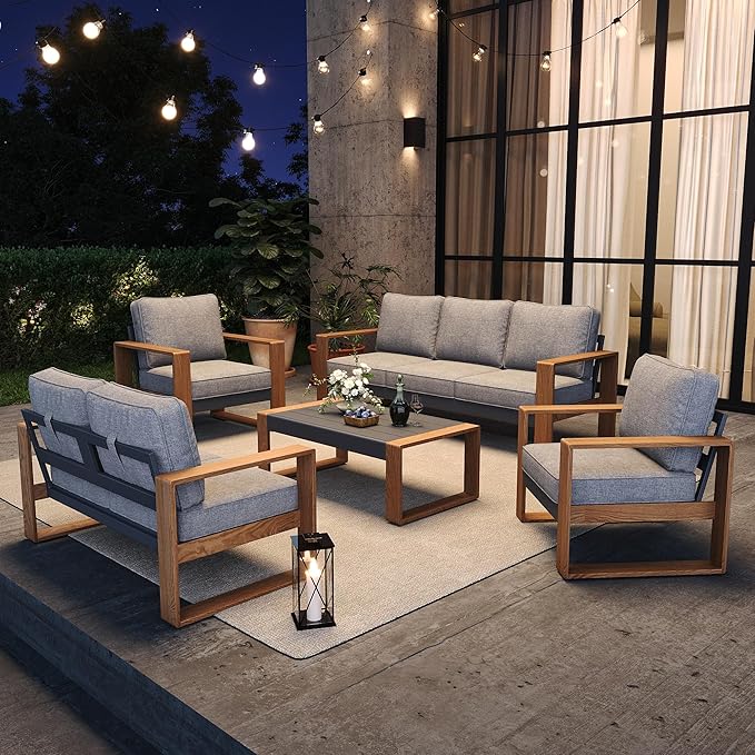 5 Pieces Aluminum Patio Furniture Set, Outdoor Conversation Sets with High Backrest Sofa and Coffee Table for Garden and Backyard