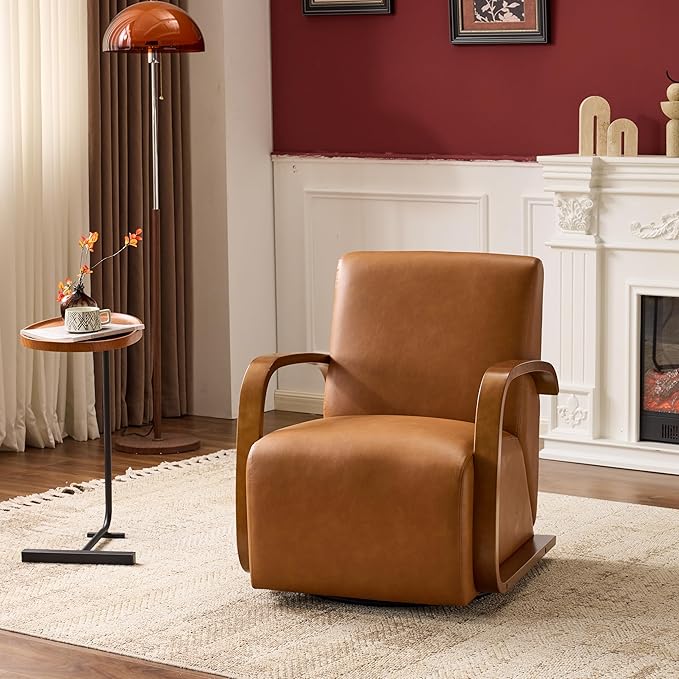 Swivel Accent Chair with Soild Wood Armrest, Modern Lounge Conversation Chair with Pillow, 360-Degree Rotation for Living Room, Office (PU Leather, Brown)