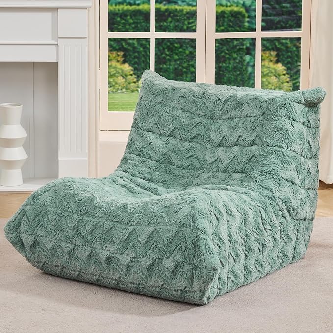 Bean Bag Chairs for Adults Giant Bean Bag Chair Memory Foam BeanBag Chair Bean Bag Sofa with Filler Faux Fur Fireside Beanbags Lazy Sofa for Living Room Bedroom Office (Green Chevron, Single)