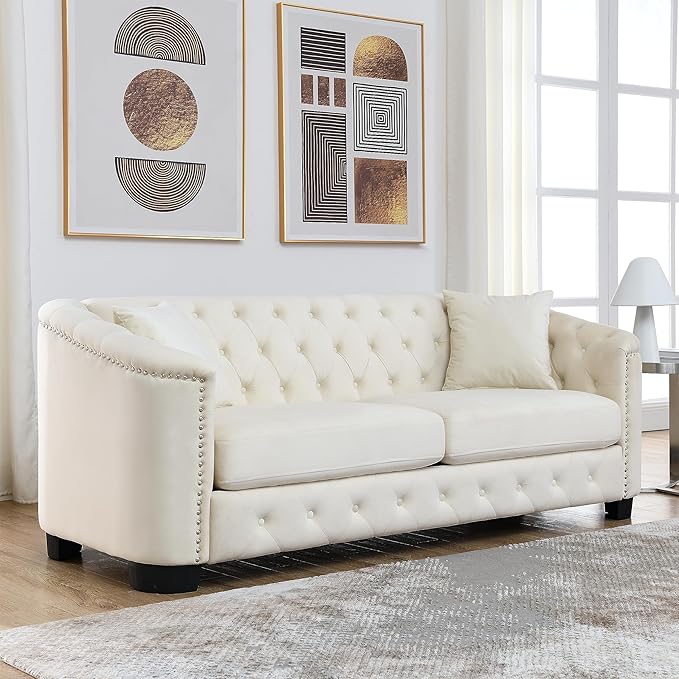 mikibama Modern Chesterfield Velvet Sofa, 77'' Sectional Sofa, Luxury 3 Seater Upholstered Tufted Couch with Nailhead Arms and 2 Pillows for Living Room, Bedroom, Apartment(Beige)