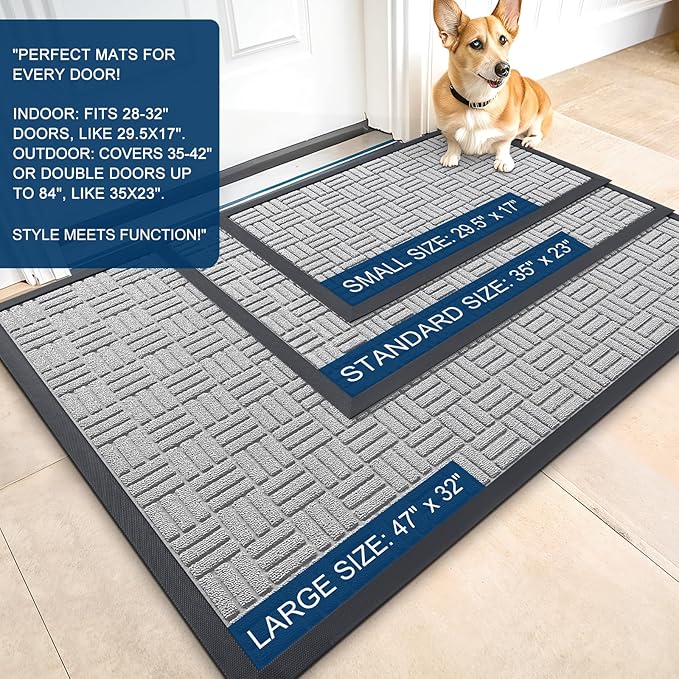 OLANLY Front Door Mat Outside Entrance 47x17, Absorbent, Heavy Duty Sturdy Natural Rubber Doormat Indoor Outdoor, Non-Slip, Stain and Fade Resistant, Low Profile Floor Mat for Entryway, Light Gray
