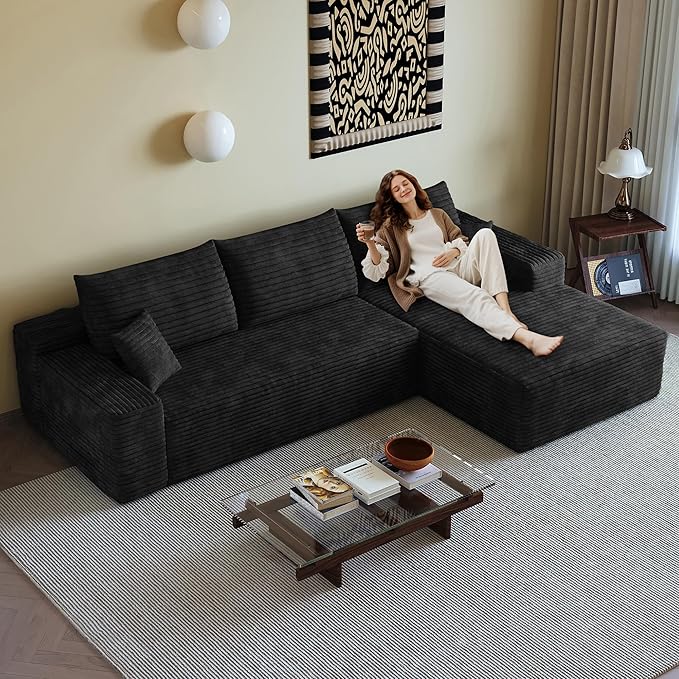 AUGOP 108" Sectional Couches for Living Room Modern Modular Sofa with L-Shape Couchs Upholstered Boneless Couch Deep Seat Sectional Couch with Chaise (Black, Right Facing Chaise+2Seaters)