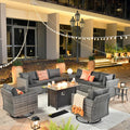 ovios 11 Piece Outdoor Patio Furniture Set with Fire Pit Table,Conversation Sectional Wicker Couch with Swivel Chairs,Modern Outside Sofa for Balcony Backyard, Black