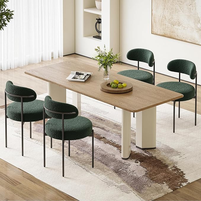 Farini Dining Chairs Set of 4,Mid-Century Modern Kitchen Chair Curved Backrest Round Upholstered Sherpa Dining Chairs with Metal Legs,Green