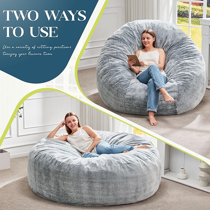 Hobestluk Bean Bag Chairs Giant Beanbag Chair with Filler, Memory Foam Bean Bags with Fluffy & Machine Washable Cover, Bean Bag Chairs for Aduts for Living Room, Bedroom (Grey, 6FT - 70" x 70" x 15")