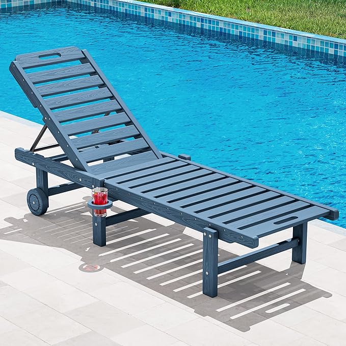 SERWALL Outdoor Chaise Lounge, Patio Chaise Lounge Chair with 5 Positions Adjustable Backrest, HDPE Lounger with Rolling Wheels & Cup Holder for Pool, Navy