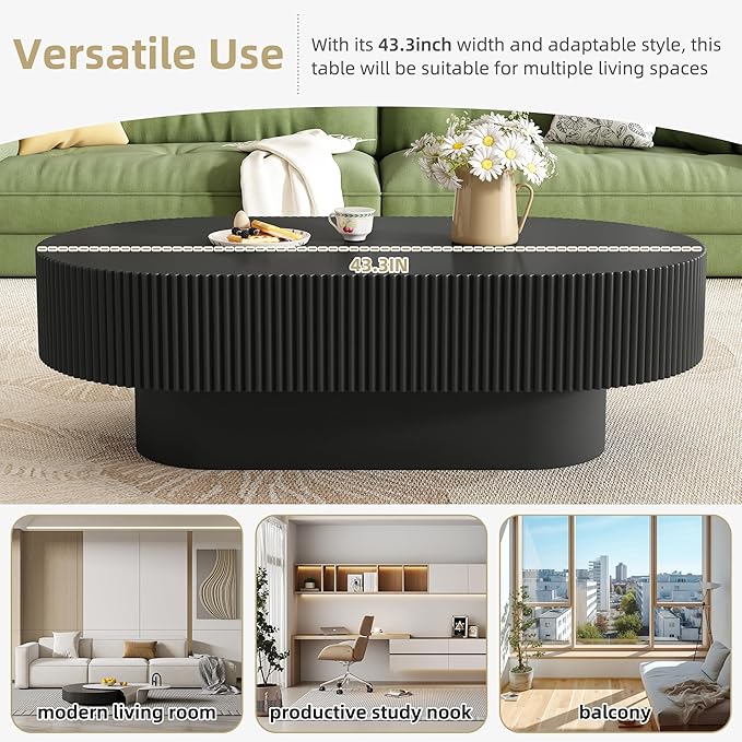 KEVINSPACE Oval Coffee Table for Living Room Modern Wood Center Tables Cocktail Fluted 43.3" W Reception Room Easy Assemble, Black
