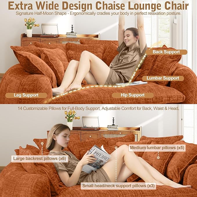 82'' Oversized Upholstered Sofa Bed, Round Chaise Lounge Chair Indoor, Modern Chenille Boneless Couch, No Assembly Required, Plush Sleeper Chair with 14 Pillows for Living Room, Orange