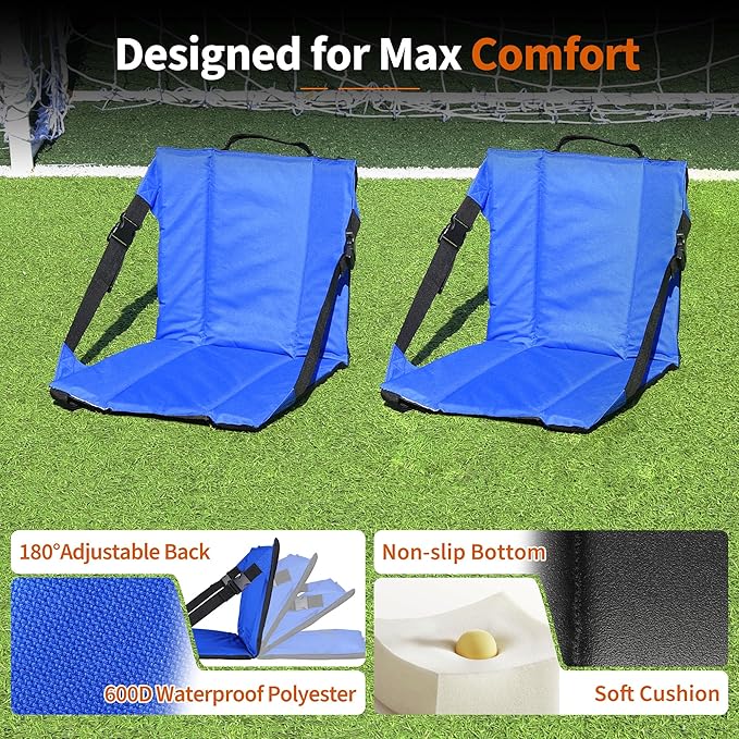 CAMPHILL 2PCS Portable Stadium Seat Cushion for Bleachers,Folding Lightweight Seat with Backrest,Adjustable Straps,Ideal for Camping,Hiking,Sports Events,Outdoor Concerts