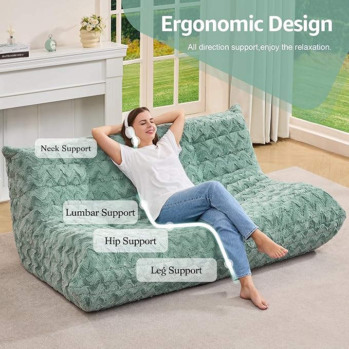 Bean Bag Chairs for Adults Giant Bean Bag Chair Memory Foam BeanBag Chair Bean Bag Sofa with Filler Faux Fur Fireside Beanbags Lazy Sofa for Living Room Bedroom Office (Green Chevron, 3-Seater)