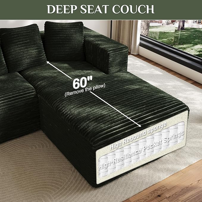 Modular Sectional Sofa, 107" L Shaped Cloud Couch Plush Corduroy Deep Seat Boneless Sofas with 5 Pillows Long Chaise Lounge Couches Memory Foam for Living Room - Green, Right Facing Chaise