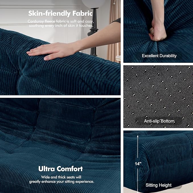 Bean Bag Chair,Giant Beanbag Chairs for Adults,Comfy Large Fireside Chair Lazy Sofa,Corduroy Bean Bag Lounger with Memory Foam Filled,Floor Sofa Couch for Living Room (Navy Blue, Loveseat)