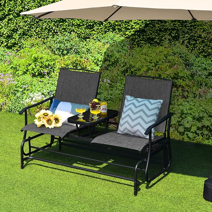 S AFSTAR 2-Person Outdoor Glider, Patio Glider Bench Chairs with Center Tempered Glass Table & Breathable Loveseat, Double Swing Glider Chair for Porch Garden Poolside Balcony Lawn (Gray)